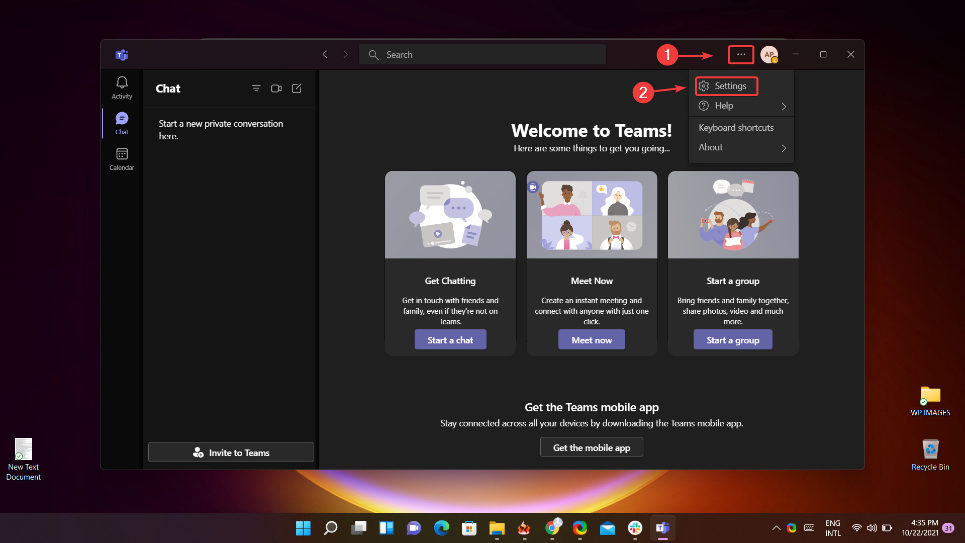 Открыть настройки Teams