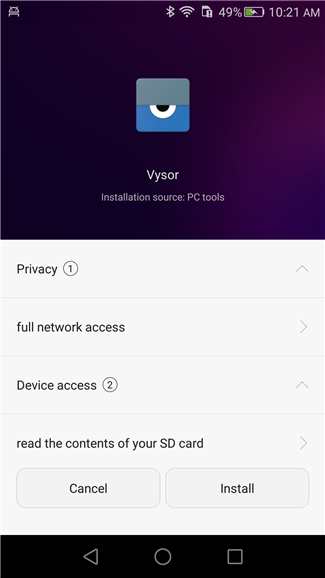 Установка вспомогательного APK Vysor на Android