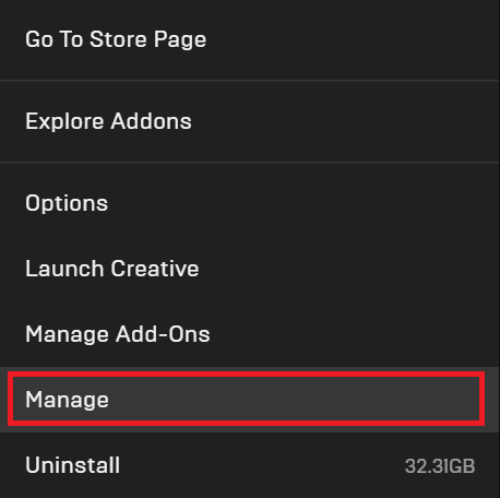 Epic Games Launcher — меню библиотеки и управление игрой