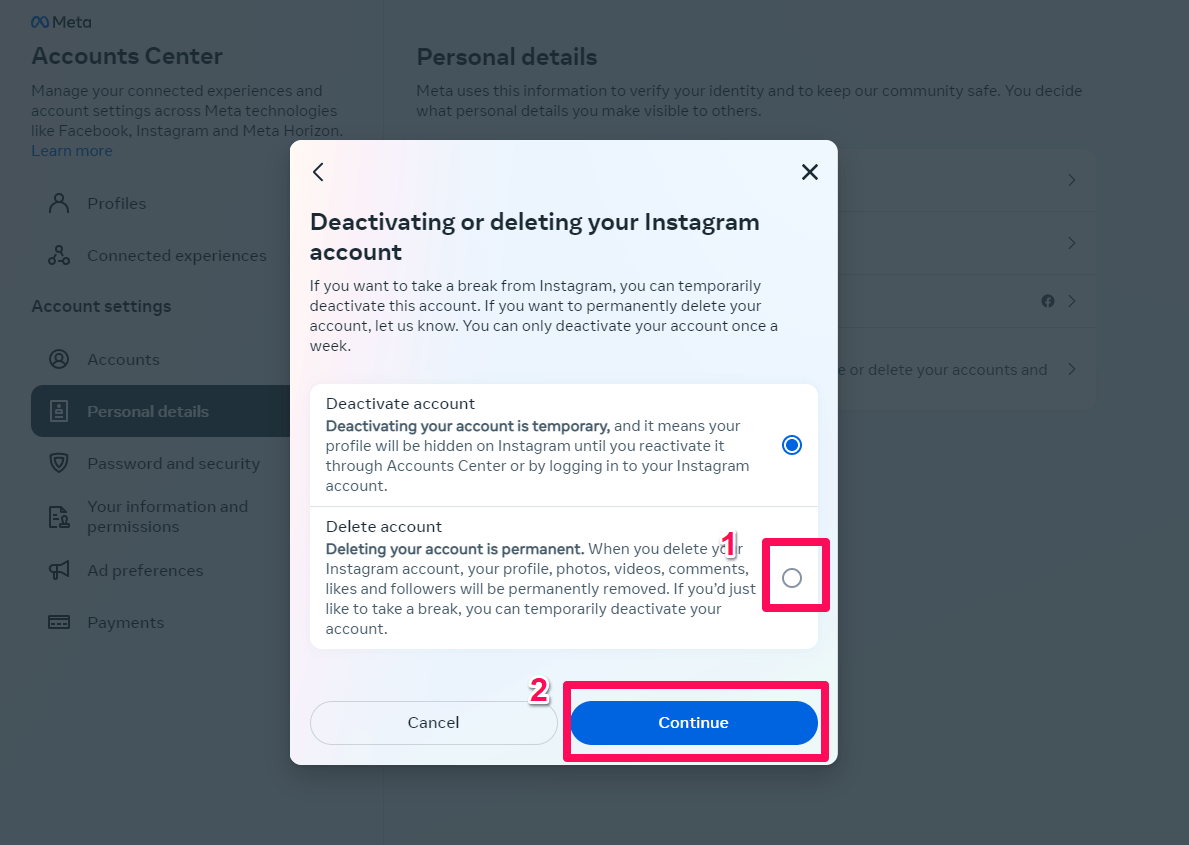 Подтверждение удаления аккаунта Instagram