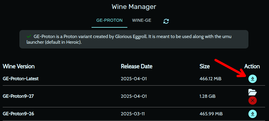 Менеджер Wine в Heroic с указателем на кнопку загрузки последней версии GE‑Proton.