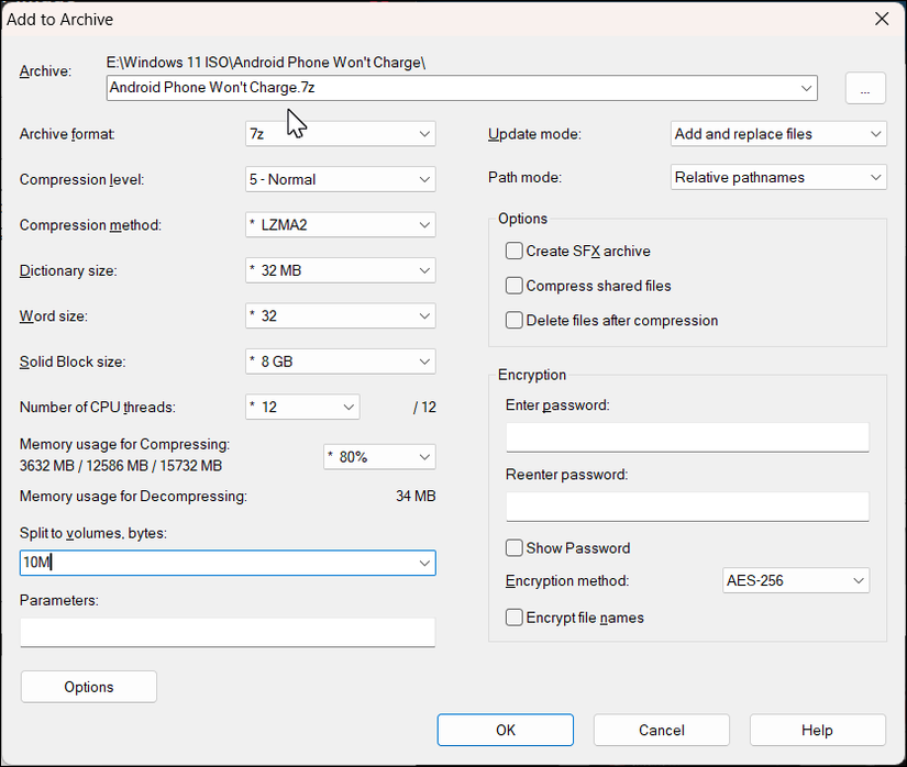 Диалог 7‑Zip с параметрами разделения