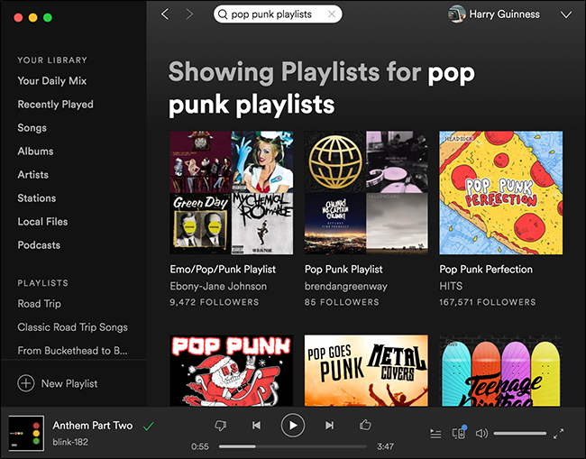 Поиск плейлистов в Spotify: результаты по жанру pop punk