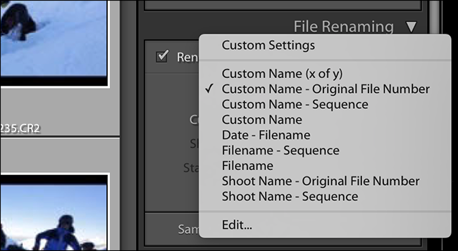 Настройка шаблона имен файлов