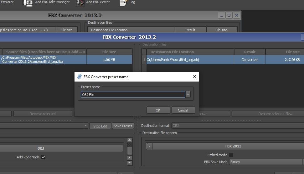 Диалог назначения имени пресета в FBX Converter