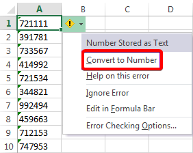 Меню исправления ошибок Excel