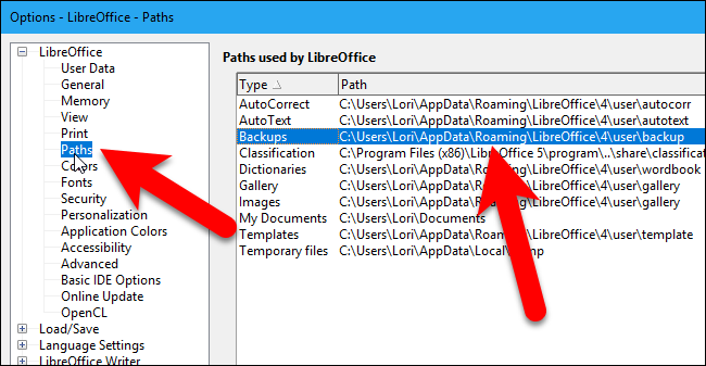 Список путей в LibreOffice на Windows