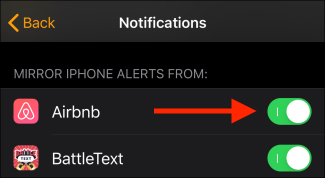 Переключатель напротив приложения для зеркалирования уведомлений