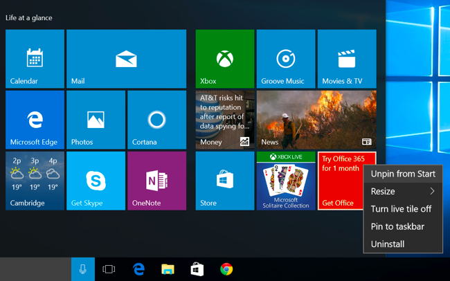 スタートメニューで「Get Office」タイルを右クリックしてピンを外す操作のスクリーンショット