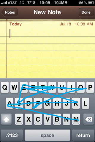 Пути ввода на iSwipe: пример слова makeuseof в Notes