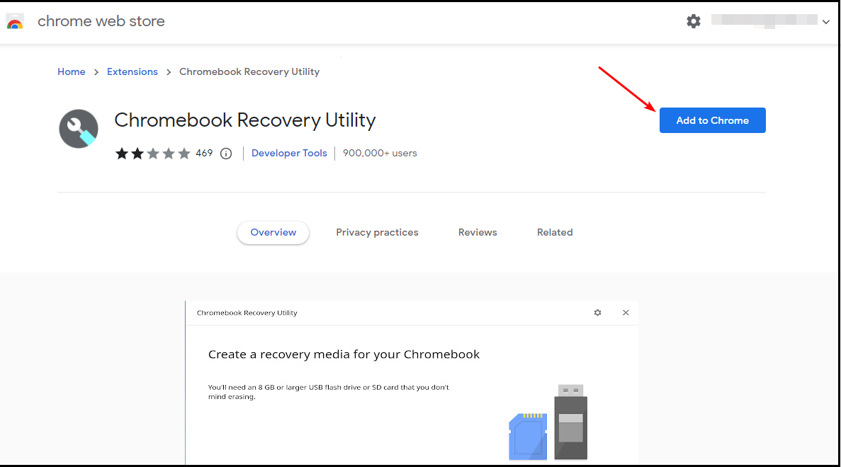 Иконка расширения Chromebook Recovery Utility в каталоге Chrome Web Store