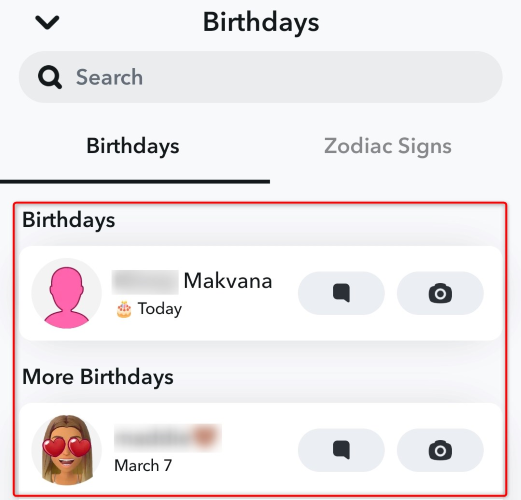 Просмотр предстоящих дней рождений в Snapchat.