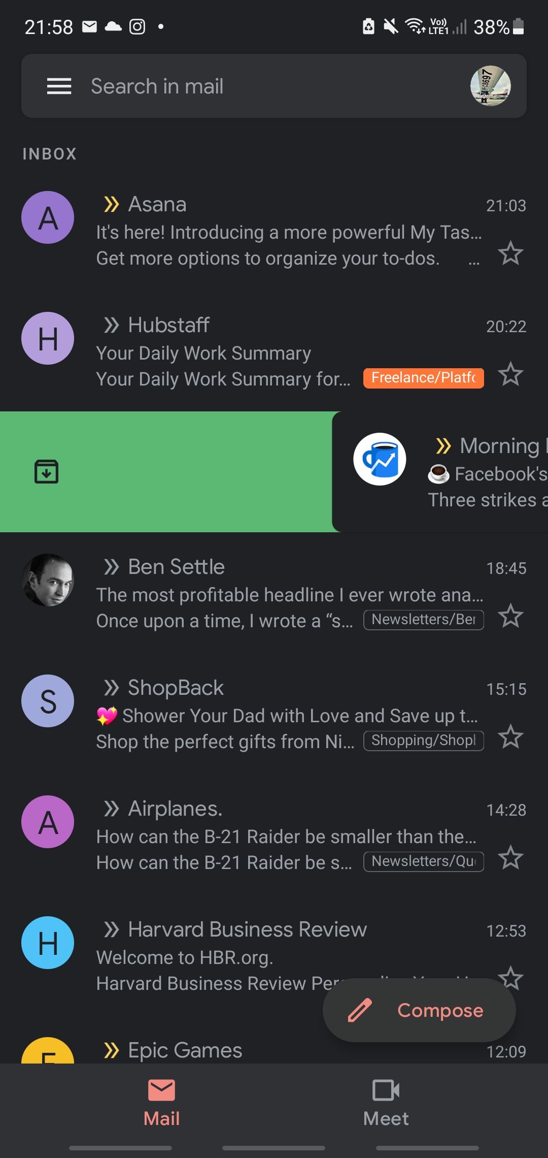 Swipe the email you want to archive