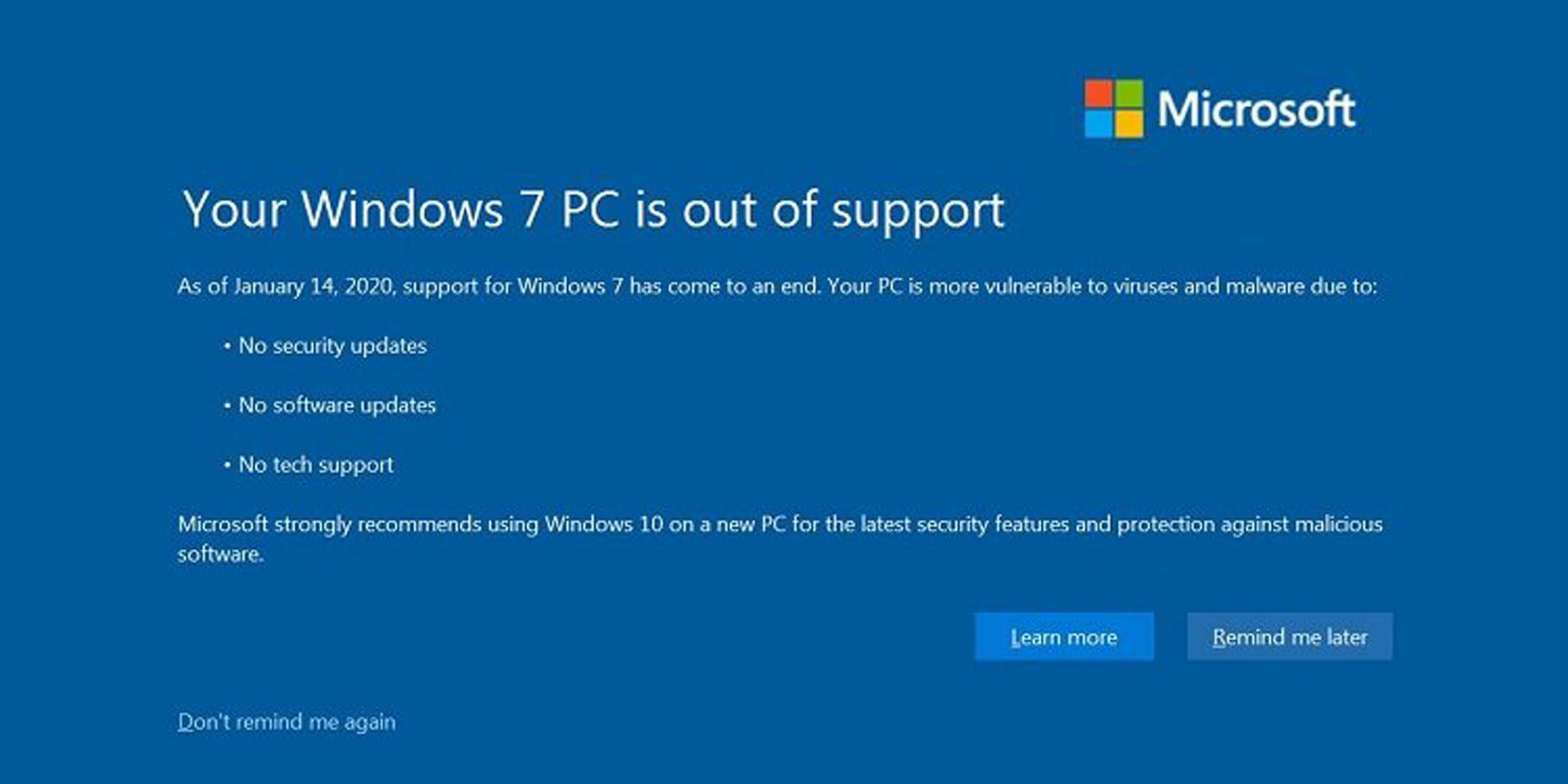 Окно уведомления об окончании поддержки Windows 7 на экране