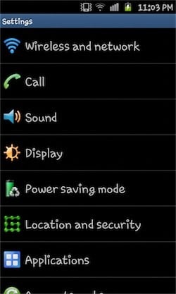 Окно меню Настройки на Samsung Galaxy S II с пунктами