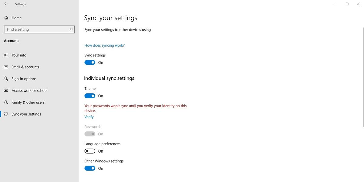 Экран параметров синхронизации в Windows 10
