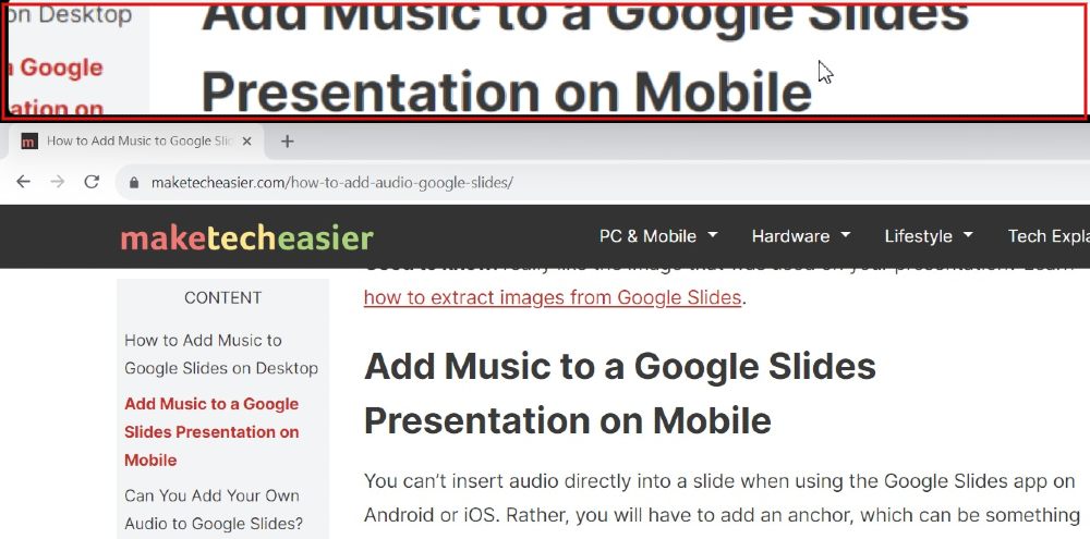 Web article with Docked mode for Magnifier activated.