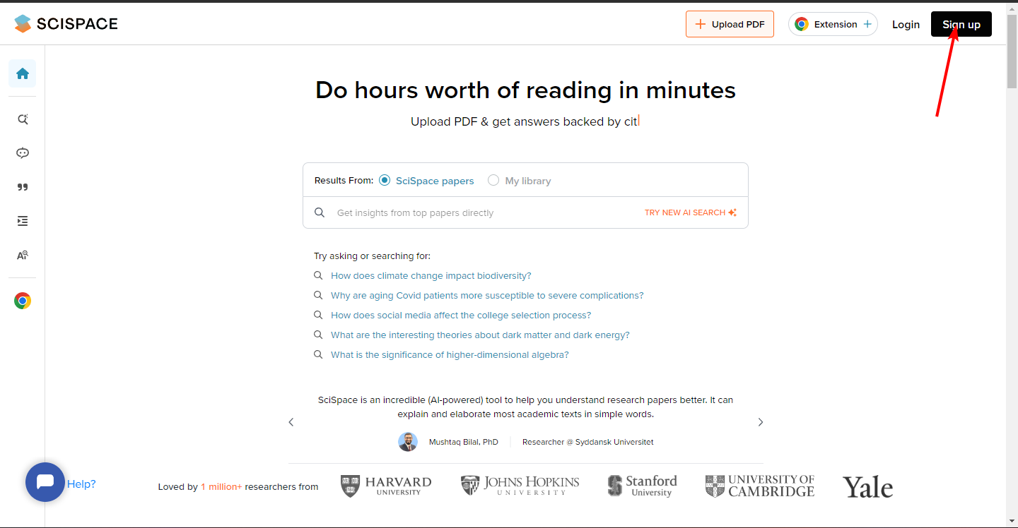 Кнопка регистрации в интерфейсе SciSpace