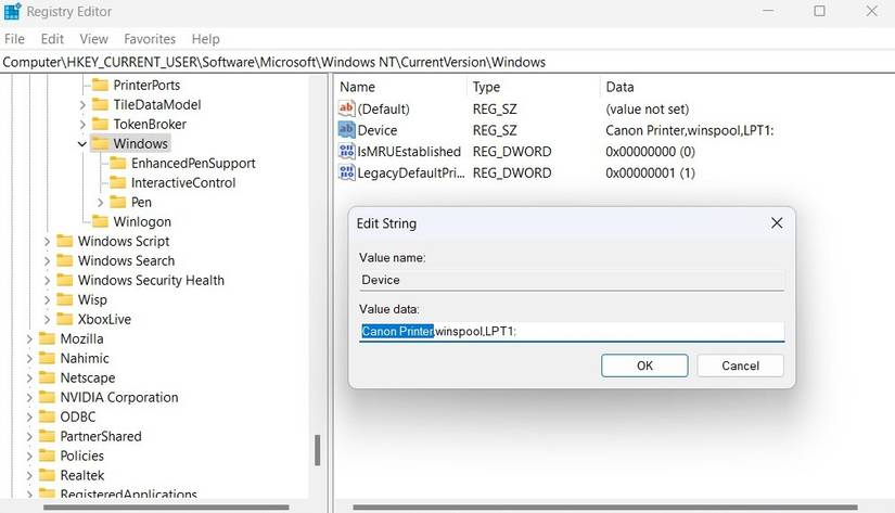 Редактирование значения Device в Редакторе реестра