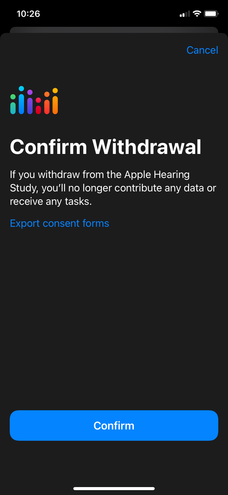 Экран выхода из исследования в приложении Apple Research