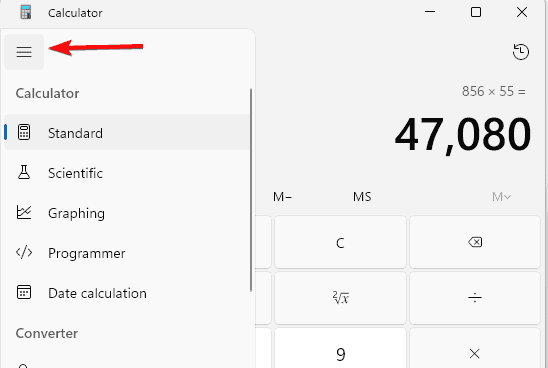 Меню приложения Калькулятор — три полоски