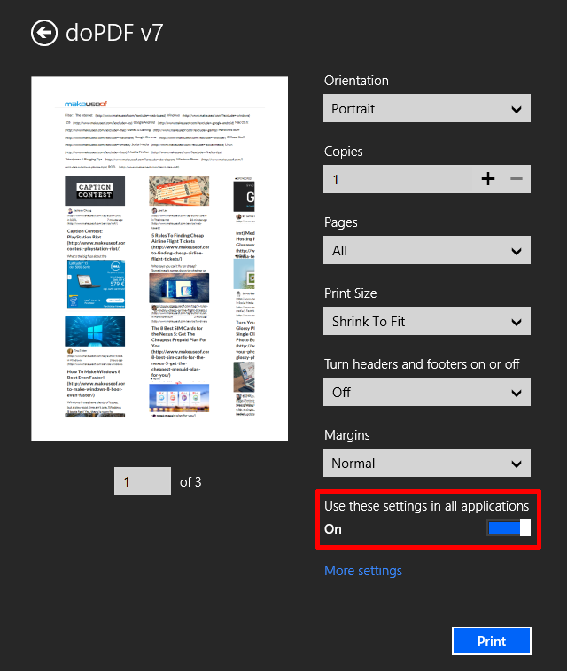 Параметры печати Modern UI в Windows 8