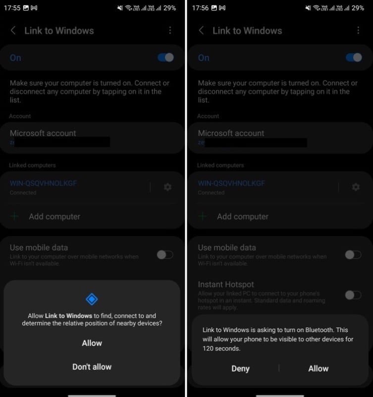 Разрешение обнаружения Bluetooth для Link to Windows
