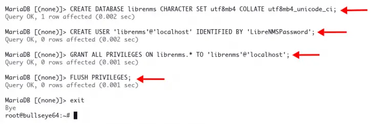 Создание базы данных и пользователя LibreNMS