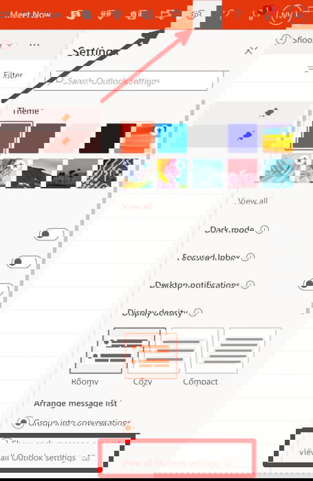Главный экран Outlook — настройки