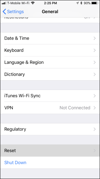 Раздел 'Сброс' в настройках iOS