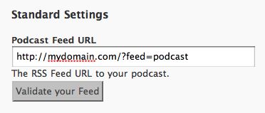 экран панели администратора PodPress с настройками фида и iTunes