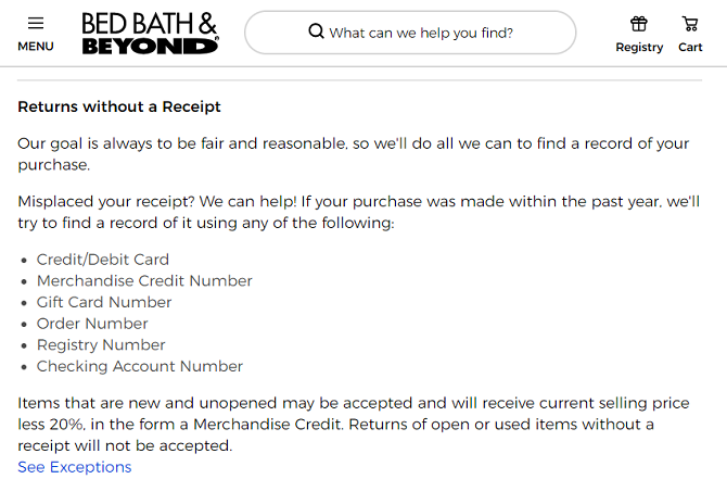 Политика возврата Bed Bath & Beyond — без чека