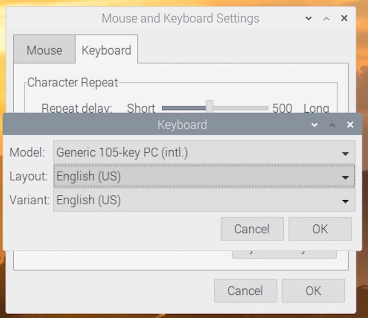 Смена раскладки в Raspberry Pi Desktop — окно настроек