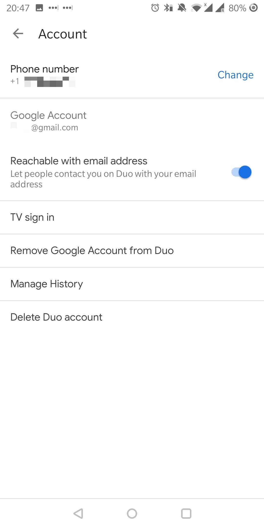 Меню аккаунтов Google Duo