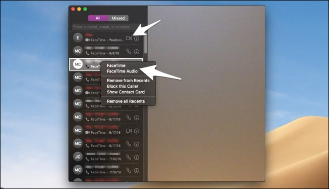 Список контактов и история вызовов в FaceTime на Mac