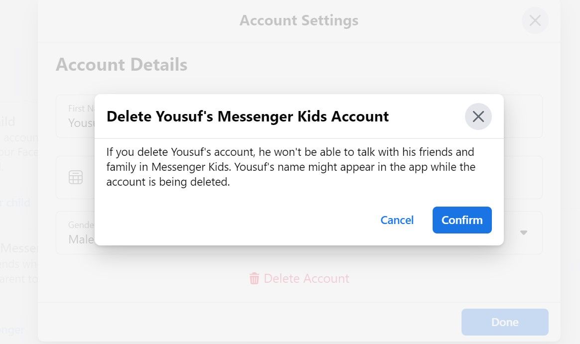 Кнопка удаления аккаунта Messenger Kids