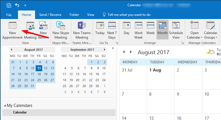 Скриншот: кнопка Новое событие в Outlook