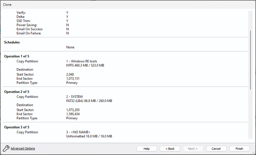 Сводка клонирования и кнопка Finish в Macrium Reflect