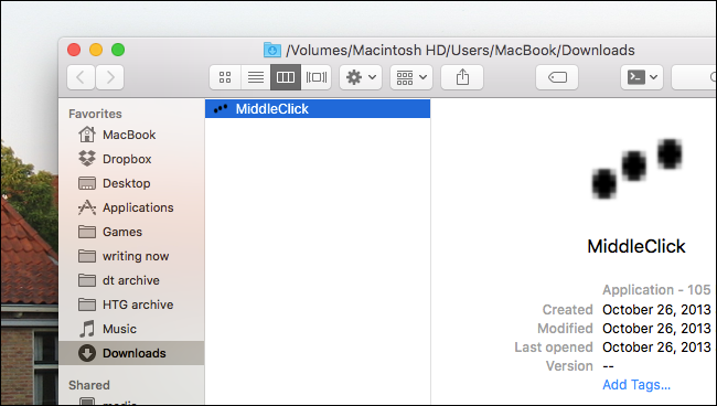 Окно установки MiddleClick с иконкой в папке Загрузки