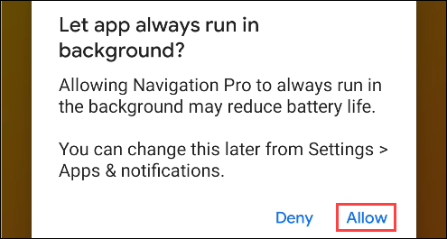 Разрешить фоновые процессы для Navigation Pro