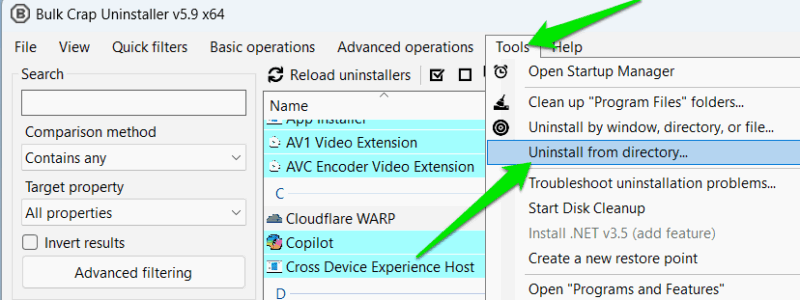 Меню инструментов Bulk Crap Uninstaller