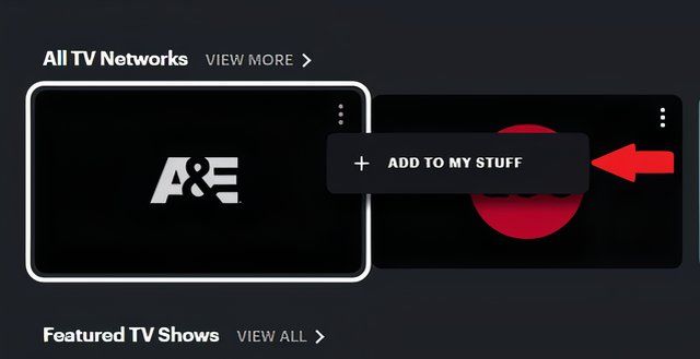 Кнопка Add to My Stuff в интерфейсе Hulu для добавления каналов.