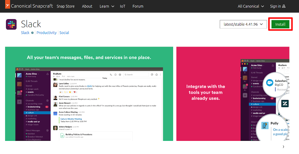 Страница Slack в Snap Store с кнопкой установки.