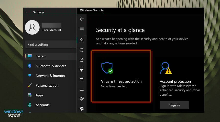 Опция Защита от вирусов и угроз