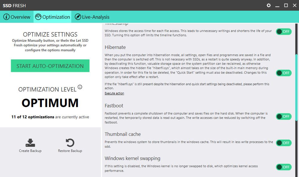 Ручная оптимизация в приложении SSD Fresh — список оптимизаций