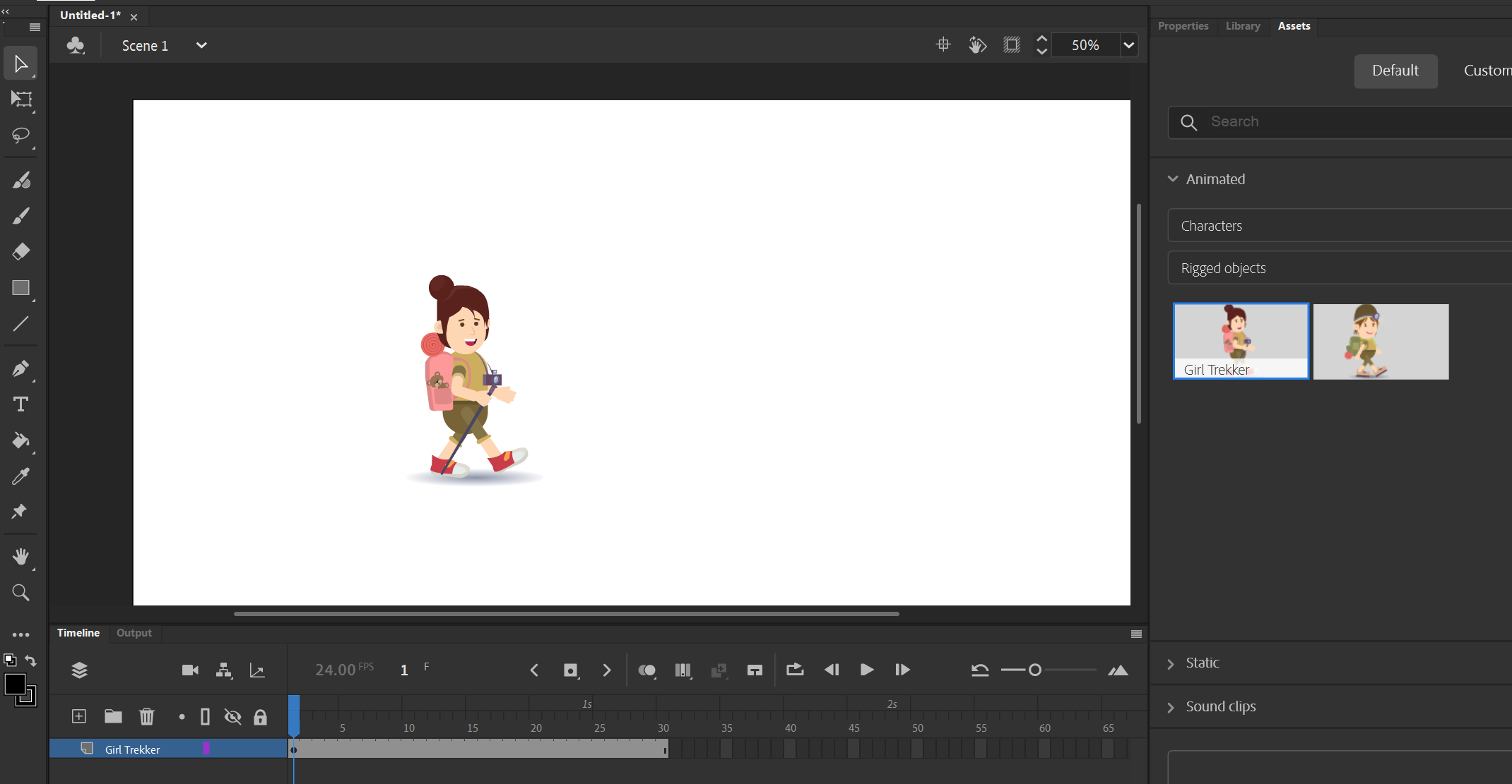 Добавленный персонаж на сцене, готовый к анимации