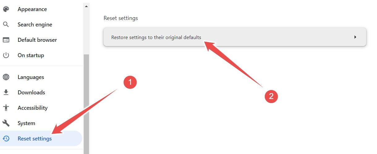 Опции для сброса Google Chrome.