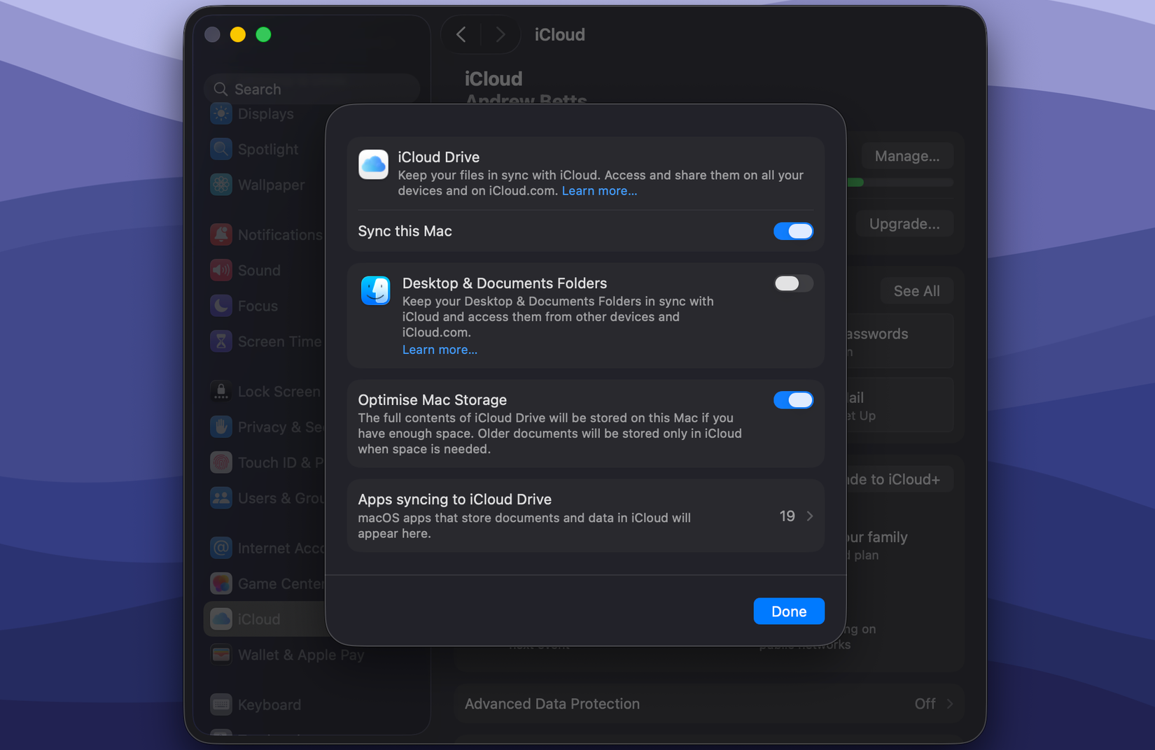 Настройка iCloud в macOS.