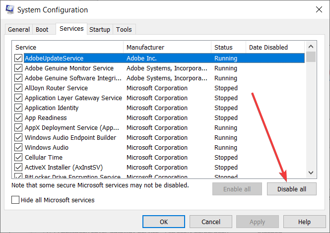 Вкладка Службы — скрыть службы Microsoft и отключить все