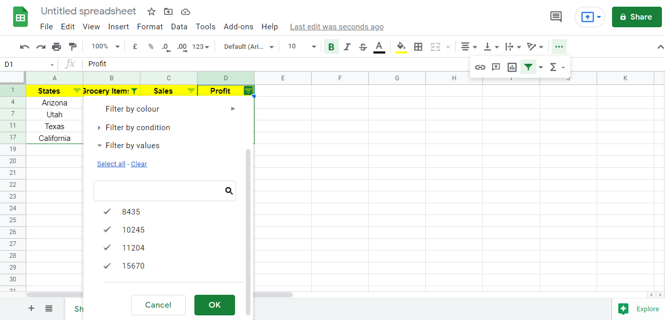 Опции фильтра для столбца прибыль